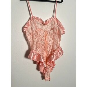 Vintage Victoria Secret Pink Lace Teddy Ruffle Satin Trim Lingerie S Coquette